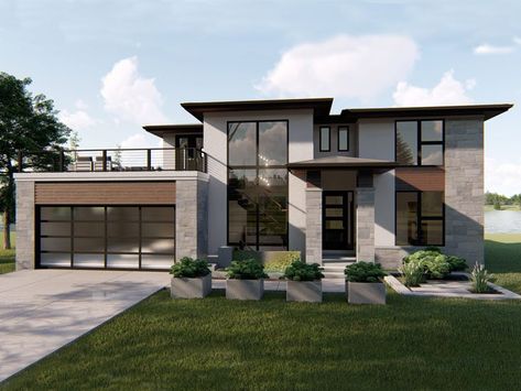 050H-0186: Modern 2-Story House Plan Offers 4 Bedrooms & Flex Space Home Designs Exterior, Exterior Finishes, Prairie House, Prairie Style Houses, Contemporary House Exterior, Modern Style House Plans, Modern Exterior House Designs, Beautiful House Plans, Modern Architecture House