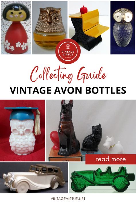 Tips on collecting vintage Avon perfume bottles. Avon Bottles Vintage, Vintage Avon Collectables, Antique Identification, Vintage Avon Perfume Bottles, Antique Dishes Collectible, Grandma Journal, Vintage Bottles Antiques, Vintage Toys 1970s, Antique Knowledge