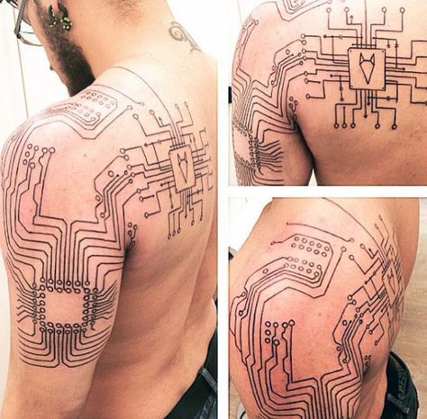 Outline Black Ink Circuit Board Mens Tattoos On Back And Shoulder Circuit Board Tattoo, Circuit Tattoo, Chip Tattoo, Dr Tattoo, Electronic Tattoo, Tattoos On Back, Tech Tattoo, Mens Tattoos, Cyberpunk Tattoo