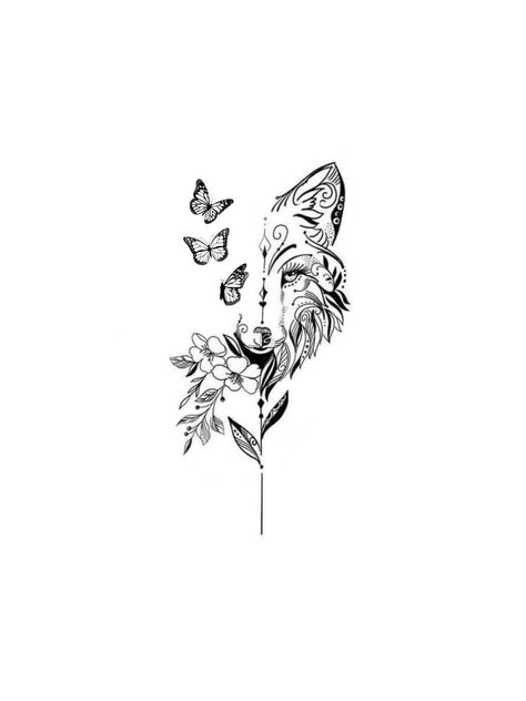 Small Tattoo Wolf, Back Tattoo Women Wolf, Tatoos Wolf For Women, Woman's Wolf Tattoo, Wolf And Butterfly Tattoo For Women, Wolf Tattoo Back Woman, Tattoo Ideas Wolf Women, Simple Pretty Tattoos For Women, Wolf Spine Tattoos For Women