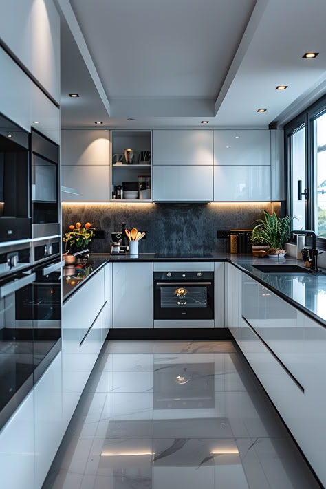 kitchen inspo, black and white kitchen, white kitchen with black accents Design For Kitchen Interiors, House Interior Kitchen Modern, Kitchen Design White And Black, Kitchen Interior With Black Granite Top, Kitchen Interior Black And White, Kitchen Interior Ideas Modern, Top Cabinet Decor Kitchen, New House Interior Ideas, Complete Home Interior Design