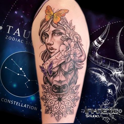 #taurus #goddess #mandala #flowers #butterfly #orange #purple #tattoo #tattoosforwomen #taurustattoo Taurus Queen Tattoo, Taurus Bull Tattoos For Women Leg, Taurus Women Tattoo, Virgo And Taurus Tattoo, Taurus Goddess Tattoo, Taurus Goddess, Upper Shoulder Tattoo, Ox Tattoo, Purple Tattoo