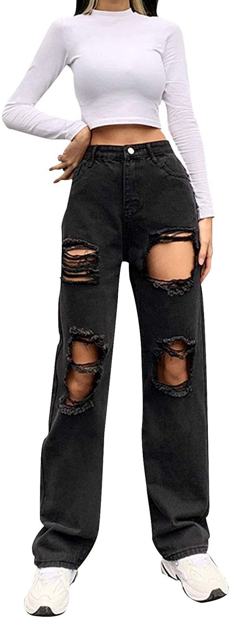 Streetwear Fashion Pants, Ripped Baggy Jeans, Baggy Ripped Jeans, Baggy Jeans For Women, Ripped Pants, Ripped Boyfriend Jeans, Jeans High Waist, Baggy Denim, Black Ripped Jeans