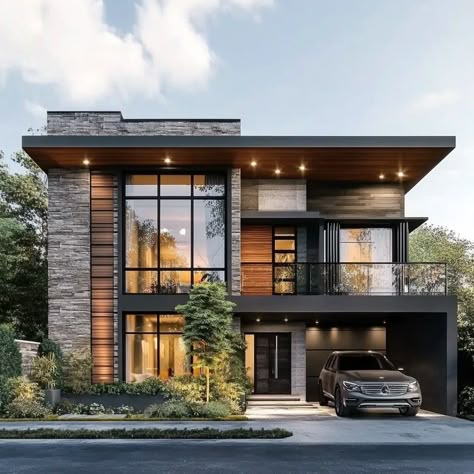 Dreaming of a home that perfectly blends modern elegance with timeless design. 🏡✨ #ModernLiving #ArchitecturalDesign #dreamhome Modern House Exterior With Garage, Two Story Modern House Design, Modern Duplex Design Exterior, Modern Home Front Exterior, Modern Loft Exterior, Modern House 2 Floor, La Modern House, Elegant Exterior House, Zen Modern House