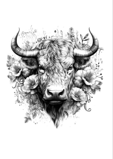 Bull Cow Tattoo, Pretty Bull Tattoo, Realistic Bull Tattoo, Bull With Flowers Tattoo, Bull Drawing Taurus, Bull Face Tattoo, Ox Tattoo Design, Trader Tattoo, Highlander Tattoo