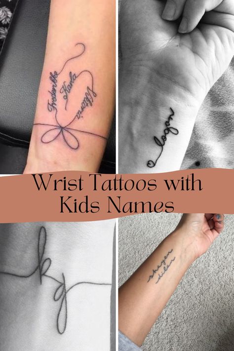 57 Sweetest Kids Name Tattoos + Ideas - TattooGlee Initials Tattoo On Wrist, Tattoos For Moms Of 3, Tatoo Mom 3 Kids, Classy Tattoo Locations, 4 Sons Tattoo For Mom, Small Mom Tattoos Mothers, Twin Name Tattoo Ideas, 3 Name Tattoos For Women, Tatoo Ideas For Kids