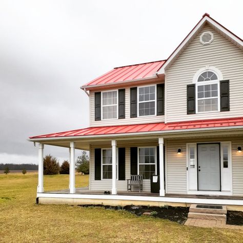 Red Roof Grey House, Houses With Red Metal Roofs, Exterior House Colors With Red Roof, Red Roof Farmhouse, Red Roof Exterior Paint Colors, Red Metal Roof Houses, Red Metal Roof Houses Color Combos, Red Roof House Colors Home Exteriors, Gray And White House Exterior