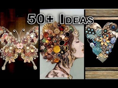 50+ IDEAS TO UPCYCLE YOUR OLD JEWELRY INTO ART | ep3 - YouTube How To Make A Picture Out Of Old Jewelry, How To Use Vintage Jewelry, Vintage Jewelry Art Antique, Crafting With Costume Jewelry, Using Old Jewelry For Crafts, Old Earrings Repurpose, Upcycle Bangle Bracelets, Repurpose Costume Jewelry Ideas, Diy Old Jewelry Projects Ideas