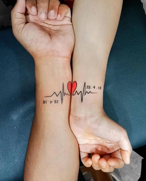 Unique Couple Tattoos For All The Lovers Out There! Tattoos For Him And Her Couples, Couple Design Tattoo, Matching Tattoos Him And Her, Couple Cute Tattoo, His And Her Tattoos Couple Tat, Tattoos Love Couple, Half Heart Matching Tattoos, Him And Hers Tattoos, Couple Forearm Tattoo