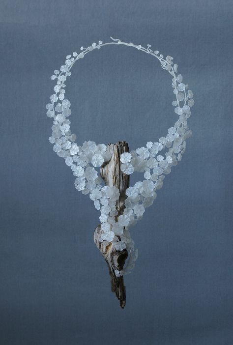 necklace from the Genus: Tropaeolum series (1) / wood and recycled plastic bags / jewelry art by Wiebke Pandikow / silver-crane.com Bag Editorial, Time Perception, Recycled Plastic Bags, Organic Jewelry, Fabric Textures, Unusual Jewelry, Plastic Jewelry, Plastic Bags, Contemporary Jewellery