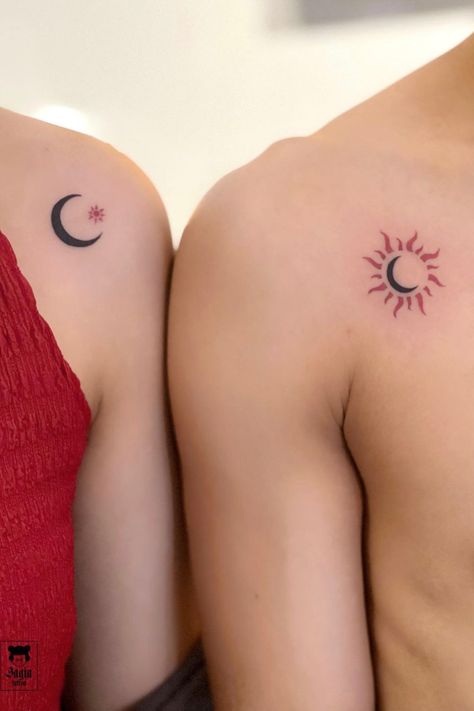 Couple Tattoos Meaningful, Unique Couple Tattoo, Simple Couples Tattoos, Meaningful Couple Tattoos, Sun And Moon Tattoos, Couple Tattoos Unique Meaningful, Tato Flash, Partner Tattoos, Couple Tattoo Ideas