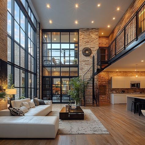 Industrial chic meets modern luxury. 😍 This stunning loft space is giving us all the design goals. ✨ #loftliving #industrialdesign #modernhome #homedesign #interiordesign #homeinspiration #architecture #luxuryliving #mtl #montreal Loft Warehouse Living, Huge Loft Apartment, Industrial Chic Apartment, Industrial Design Loft, Super Modern House Interior, Modern Cottage Design Interior, 2 Story Loft Apartment, Industrial House Interior Design, Industrial Loft Apartment Decor