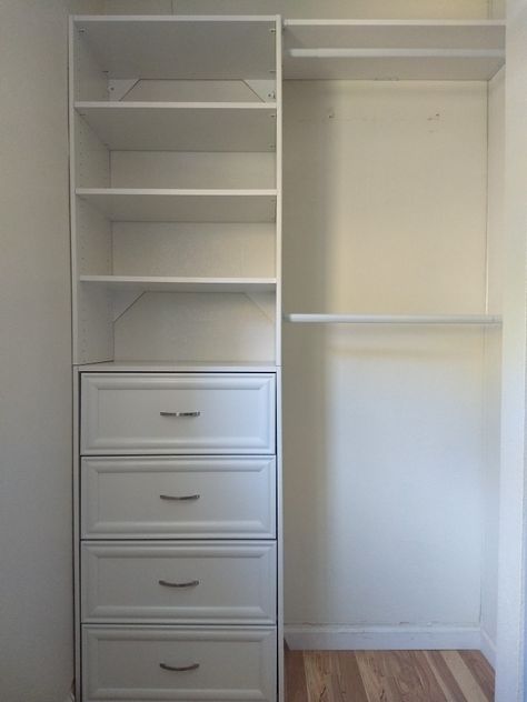 Easy small closet organization with ClosetMaid Selective 25inx81in tower and drawers. approx 4 hours of work. Did it for my boys room, girls room is next. Closet Organization Ideas Small Closet, Ikea Closet With Drawers, Small Closet Dresser Ideas, Small Closet For Two People, Closet Organization Ideas For Small Closet, Small Closet Drawer Ideas, Small Step In Closet Ideas, Small Closet With Drawers, Small Closet Ikea Hack