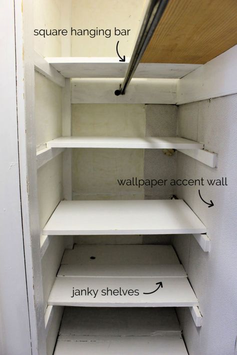 A DIY tutorial to build shelves in a hall linen closet. Tackle that messy, disorganized space with fresh paint and new shelves. Small Hallway Closet Organization Ideas, How To Organize A Deep Linen Closet, Long Narrow Closet Shelves, Linen Closet Pull Out Shelves, Small Utility Closet Shelving Ideas, Organizing Deep Linen Closet Shelves, Organize Deep Closet Shelves, Small Linen Closet Shelving Ideas, Closet To Shelf Conversion