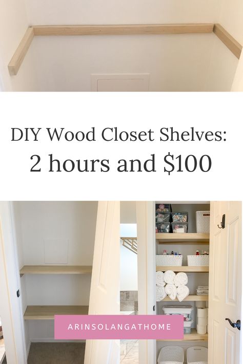 Easy Wood Closet Shelves, Wooden Shelves Bathroom Closet, How To Redo A Linen Closet, Diy Floating Shelves Closet, Diy Hallway Closet Shelves, Installing Closet Shelves, Diy Linen Closet Makeover, Diy Small Linen Closet, Open Shelves Linen Closet