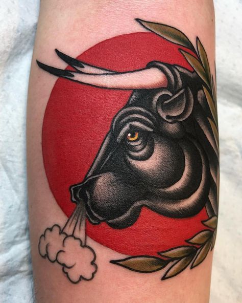 #tattoo by @blackbearwhiskey ... ... ... ... #traditional #traditionaltattoo #traditionalartist #oldtattoo #oldschooltattoo #tattooartist… Neo Traditional Taurus Tattoo, Neo Traditional Bull Tattoo, Taurus Tattoo Traditional, Old School Bull Tattoo, American Traditional Bull Tattoo, Traditional Taurus Tattoo, Traditional Bull Tattoo, Taurus Tattoo Men, Tattoo Taurus