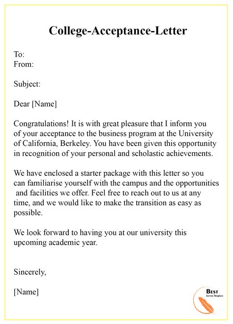 College Acceptance Letter Template – Format, Sample & Examples | Best Letter Template University Acceptance Letter, University Acceptance, Formal Letter Template, College Acceptance Letter, Request Letter, Business Letter Format, College Letters, College Vision Board, A Formal Letter