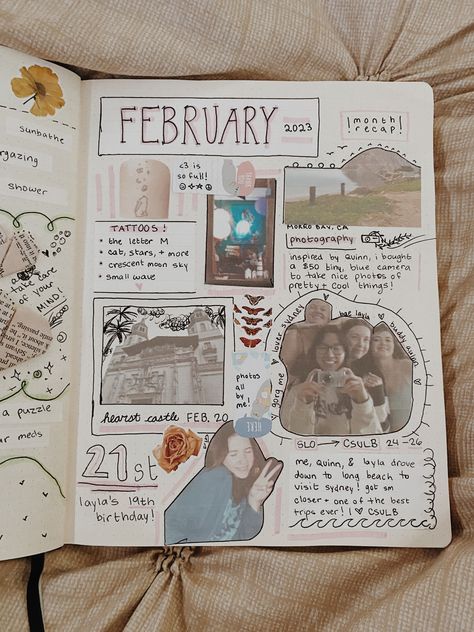 Journaling About Friends, Journal Ideas About Friends, Scrapbook Month Page, Memories Collage Ideas, Journal Friends Page, 2023 Recap Journal, Monthly Scrapbook Ideas, February Scrapbook Page, Bsf Journal Ideas