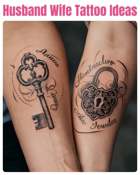 15 Unique Husband and Wife Tattoo Ideas to Showcase Your Love Wedding Tattoos For Men, Memorial Tattoo Husband, Wife Tattoo Ideas, Wife Name Tattoo, Wedding Tattoo Ideas, Spouse Tattoos, Mrs Tattoo, Husband Wife Tattoos, Really Bad Tattoos