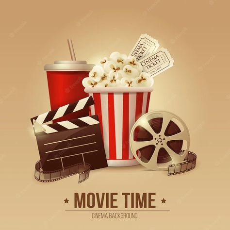 Premium Vector | Cinema concept poster with popcorn bowl film strip and tickets realistic detailed Concept Poster, Popcorn Bowl, Film Strip, Popcorn, Bowl, Film