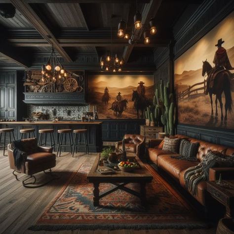 Texan Interior Design, Western Ranch Interior Design, Dark Southern Home Decor, Old West Interior Design, Dark Western Interior Design, Western Style Basement, Western Asethic House, Cowboy Style Living Room, Modern Cowboy Home Decor