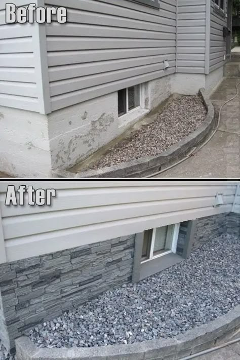 16) Cover exposed foundation  Exposed foundation can look sloppy. Make it look nice and neat by covering it with faux panels. House Makeovers, This Old House, Front Patio, Casa Exterior, Samos, Design Exterior, Diy House, Stone Veneer, Concrete Wall