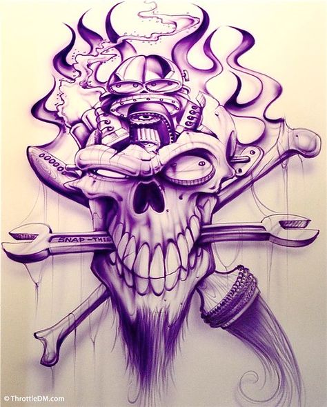 Cool Skull Drawings, Evil Skull Tattoo, Skull Art Tattoo, Mechanic Tattoo, Skull Sketch, Cool Tattoo Drawings, Skull Sleeve Tattoos, Skull Art Drawing, Skulls Drawing