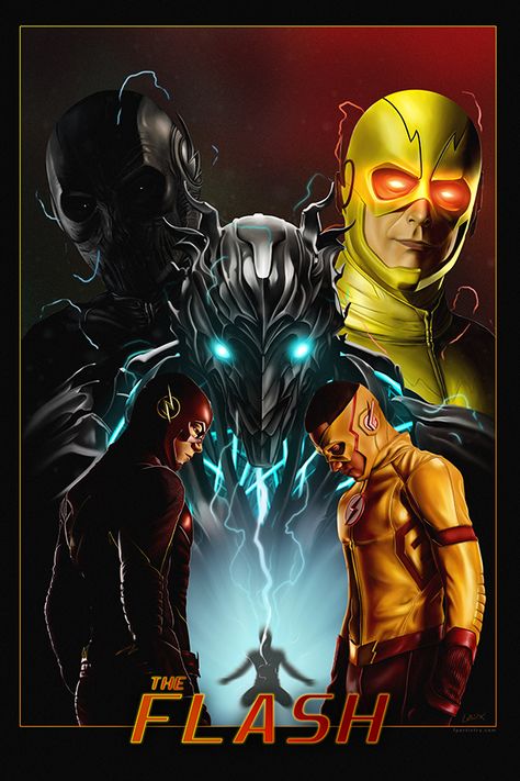 This is a piece I've been working on for almost a year, off and on. The original sketch involved a lot more faces, more good guys and a central focus on a particular season...but after watching Season 3, I ventured towards a more speedster oriented approach leaving the concept of the story more open and the poster more ominous than previously intended. Reverse Flash, Savitar, Zoom, Kid Flash and Flash all in one. Savitar Flash, Zoom The Flash, The Flash Poster, Caleb Y Sofia, Flash Superhero, Flash Characters, Flash Funny, Flash Comics, The Flash Grant Gustin