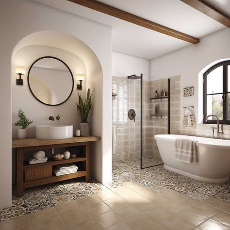 24 Inspiring Modern Bathroom Designs with a Spanish Touch • 333+ Images • [ArtFacade] Spanish Villa Bathroom Ideas, Modern Spanish Style Homes Interior Living Room, Modern Spanish Bathroom Ideas, Hacienda Style Bathroom, Spanish Bathroom Ideas, Modern Spanish Bathroom, Spanish Colonial Interior Design, Spanish Office, Modern Spanish Style Homes