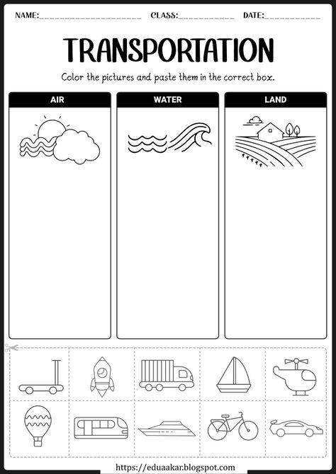 Download free worksheets to teach your kids about various modes of transportation and about vehicles and their uses. Transportation Art Kindergarten, Transportation Worksheets For Preschool, Land Air Water Preschool Craft, Transport Lesson Plan, Transportation Activities For School Age, Worksheet On Transport, Modes Of Transport Art, Transport Worksheets For Preschool, Worksheet On Transport For Kindergarten