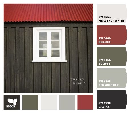 Paint colors from Chip It! by Sherwin-Williams Homes With Red Roof, Red Metal Roof House Colors, House Colors With Red Roof, Red Roof Exterior Paint Colors, Metal Roof Colors Schemes, Red Roof House Colors Home Exteriors, Red Roof House Colors, Red Metal Roof, Cabin Exterior Colors