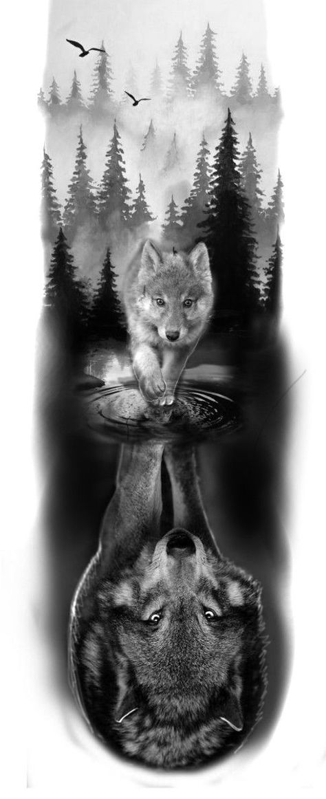 Lion And Wolf Tattoo Design, Pack Of Lion Tattoo, Black And White Tattoos Sleeve, Wolf Reflection Tattoo Design, Wolf Sleeve Tattoo Design, Wolf Woods Tattoo, Wolf Tattoo Leg Men, Wolf Tattoo Ideas For Women Thigh Piece, Wolf Goddess Tattoo