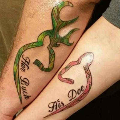 15+ Awesome Deer Couple Tattoos Designs Couples Deer Tattoos, Country Couple Tattoos, Disney Couple Tattoos, Married Couple Tattoos, Marriage Tattoos, Him And Her Tattoos, Couple Tattoos Love, Forearm Tattoo Quotes, Wife Tattoo