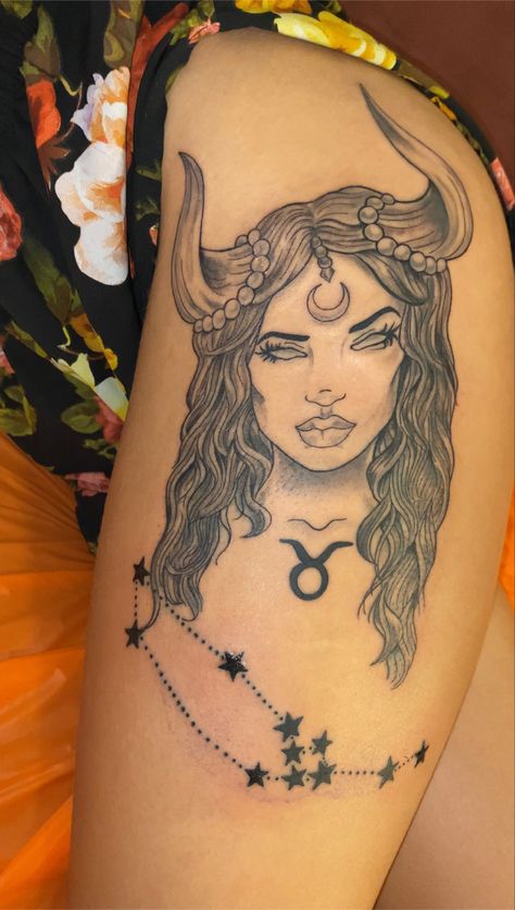 Bull Tattoos Taurus, Womens Taurus Tattoo, Taurus Hip Tattoo, Taurus Queen Tattoo, Goddess Tattoo Design Taurus, Black Taurus Goddess Tattoo, Taurus Tattoo Designs Zodiac Signs, Women Taurus Tattoo, Taurus Symbol Tattoo Design