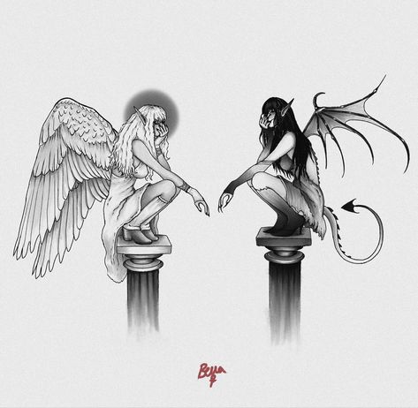 @velvet_dah1ia #tattoo #tattooideas #illustration #digitalart #goth #devil #angel Devil And Angel Shoulder Tattoo, Goth Angel Tattoo, Dance With The Devil Tattoo, Angel And Devil On Shoulder, Devil On Shoulder Tattoo, She Devil Tattoo, Angel And Devil Tattoo Design, Weeping Angel Tattoo, Devil Angel Tattoo