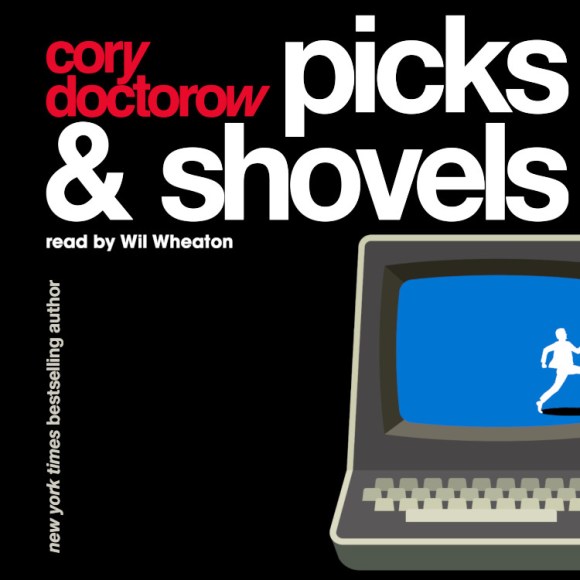 The cover of Picks and Shovels, depicting a vintage PC on which a pixelated, sillhouetted male figure is escaping out of the frame.