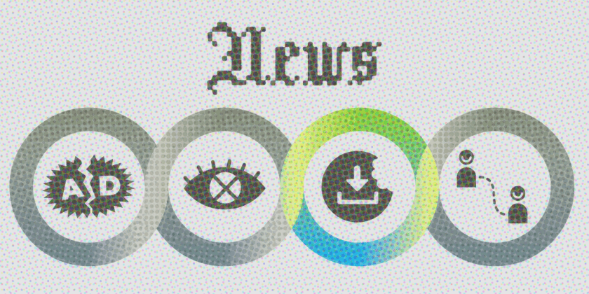 EFF's banner for the save news series; the word 'NEWS' appears in pixelated, gothic script in the style of a newspaper masthead. Beneath it in four entwined circles are logos for breaking up ad-tech, ending surveillance ads, opening app stores, and end-to-end delivery. All the icons except for 'open app stores' are greyed out.