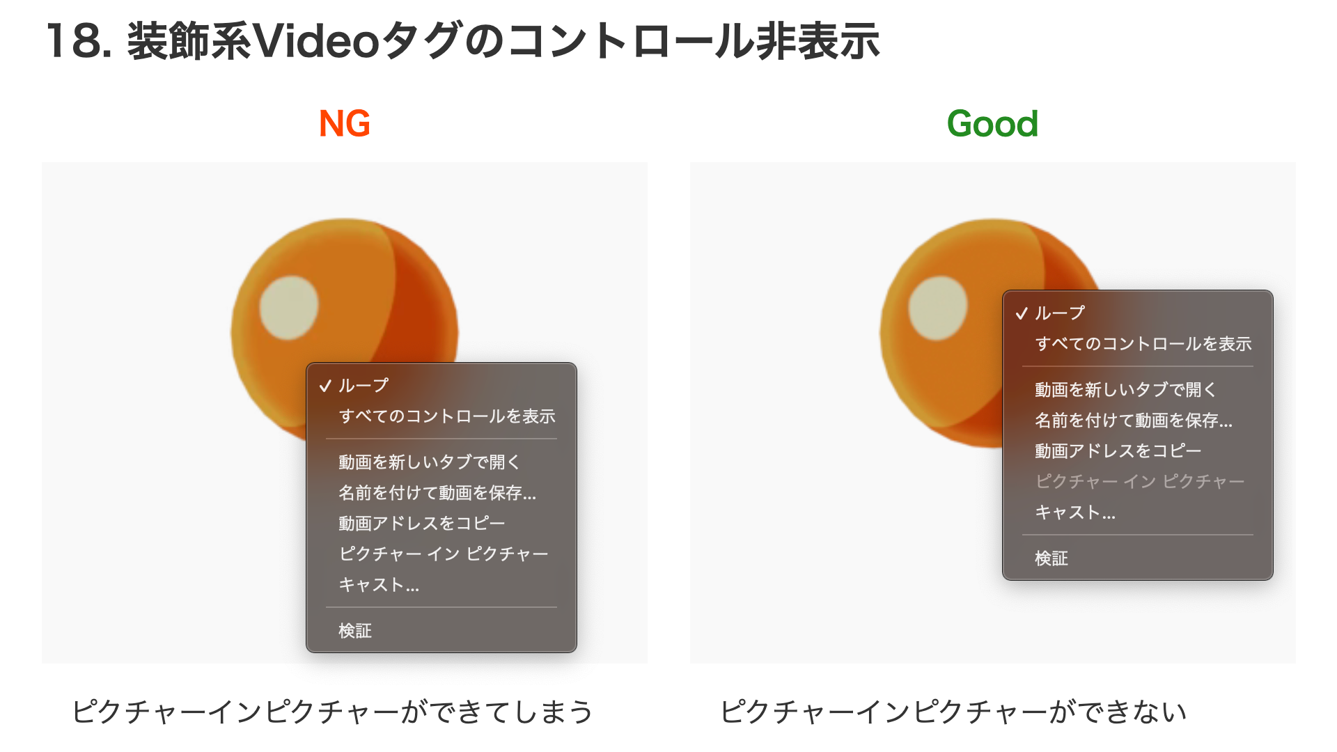 NG例はピクチャインピクチャが可能だが、Good例はピクチャインピクチャがデフォルトでは不可になっている