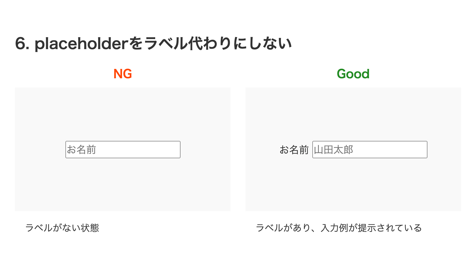 NG例はプレースホルダーをラベル代わりにしており、ラベルがない状態、Good例はプレースホルダーとは別にラベルが用意されている