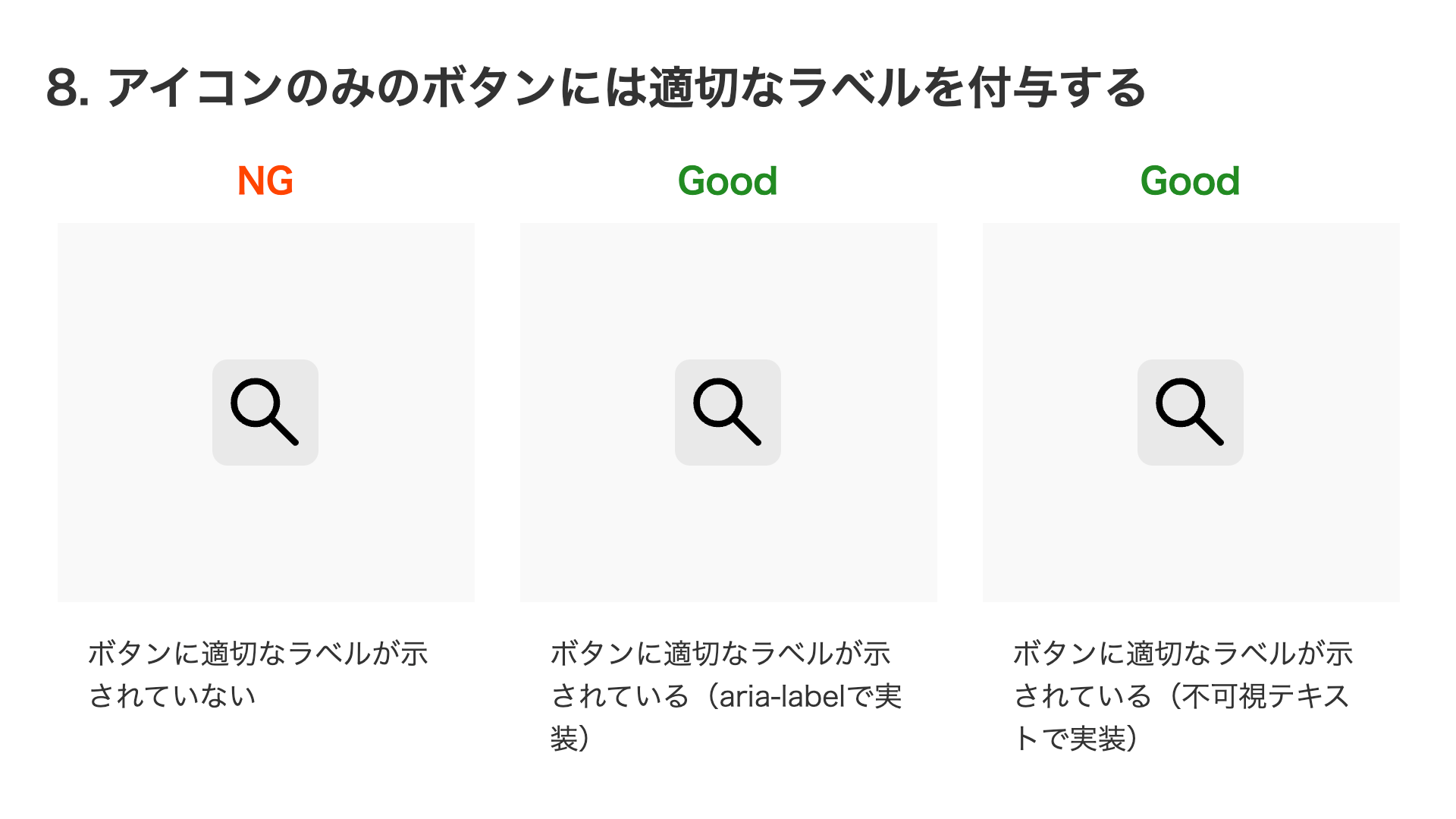 NG例はラベルがないので読み上げられないが、Good例は適切なラベルが付与されているので読み上げ可能になっている