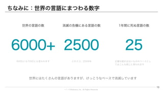 © 1→10Robotics, Inc. All rights reserved.
ちなみに：世界の言語にまつわる数字
10
6000+
世界の言語の数
6000とも7000とも言われます
2500
消滅の危機にある言語の数
ユネスコ、2009年
25
1年間に死ぬ言語の数
正確な統計はないもののペースとしては
こんな感じと言われます
世界にはたくさんの言語がありますが、けっこうなペースで消滅しています
 