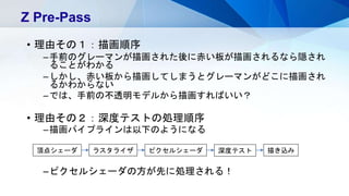 • 理由その１：描画順序
–手前のグレーマンが描画された後に赤い板が描画されるなら隠され
ることがわかる
–しかし、赤い板から描画してしまうとグレーマンがどこに描画され
るかわからない
–では、手前の不透明モデルから描画すればいい？
• 理由その２：深度テストの処理順序
–描画パイプラインは以下のようになる
Z Pre-Pass
頂点シェーダ ラスタライザ ピクセルシェーダ 深度テスト 描き込み
–ピクセルシェーダの方が先に処理される！
 