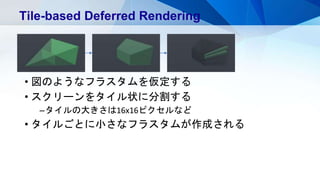 • 図のようなフラスタムを仮定する
• スクリーンをタイル状に分割する
–タイルの大きさは16x16ピクセルなど
• タイルごとに小さなフラスタムが作成される
Tile-based Deferred Rendering
 