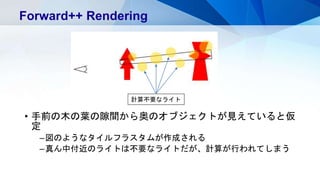 • 手前の木の葉の隙間から奥のオブジェクトが見えていると仮
定
–図のようなタイルフラスタムが作成される
–真ん中付近のライトは不要なライトだが、計算が行われてしまう
Forward++ Rendering
計算不要なライト
 