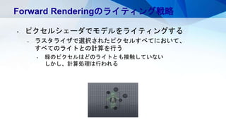 Forward Renderingのライティング戦略
• ピクセルシェーダでモデルをライティングする
– ラスタライザで選択されたピクセルすべてにおいて、
すべてのライトとの計算を行う
• 緑のピクセルはどのライトとも接触していない
しかし、計算処理は行われる
 