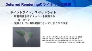 Deferred Renderingのライティング戦略
• ポイントライト、スポットライト
– 影響範囲を示すメッシュを描画する
• 球、コーン
– 減衰なしだと無限範囲になってしまうので注意
ポイントライトなら球、スポットライトならコーンを描画
深度テストを行い、描画されたピクセルのみ計算する
特殊な形状のライトも効果範囲を示すモデルで対応できる
→CEDEC2010 「Eidosの最新ゲームエンジン詳解」参照
 