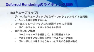 Deferred Renderingのライティング戦略
• IBL(キューブマップ)
– グローバルキューブマップならディレクショナルライトと同様
• シーン全体に影響するため
– ローカルキューブマップなら範囲ボックスを描画
• ポイントライト、スポットライトと同様
– 両方使いたい場合
• ローカルキューブを描画して、その範囲をマスク
• マスクされていない部分にグローバルキューブ描画
• ブレンドしたい場合はもうちょっと工夫する必要がある
 