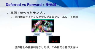 Deferred vs Forward：多光源
• 実例：昔作ったサンプル
– 1024個のライティングサンプルのフレームレート比較
– 境界箱との接触判定なしだが、この数だと差が大きい
Deferred Forward
 