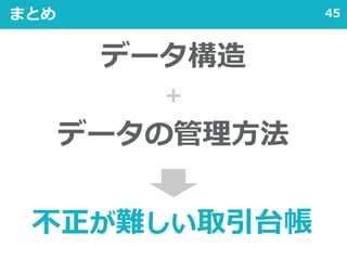 45まとめ
データ構造
＋
データの管理方法
不正が難しい取引台帳
 