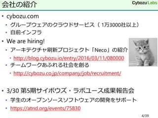 • cybozu.com
• グループウェアのクラウドサービス（ 1万3000社以上）
• 自前インフラ
• We are hiring!
• アーキテクチャ刷新プロジェクト「Neco」の紹介
• http://blog.cybozu.io/entry/2016/03/11/080000
• チームワークあふれる社会を創る
• http://cybozu.co.jp/company/job/recruitment/
• 3/30 第5期サイボウズ・ラボユース成果報告会
• 学生のオープンソースソフトウェアの開発をサポート
• https://atnd.org/events/75830
会社の紹介
4/39
 